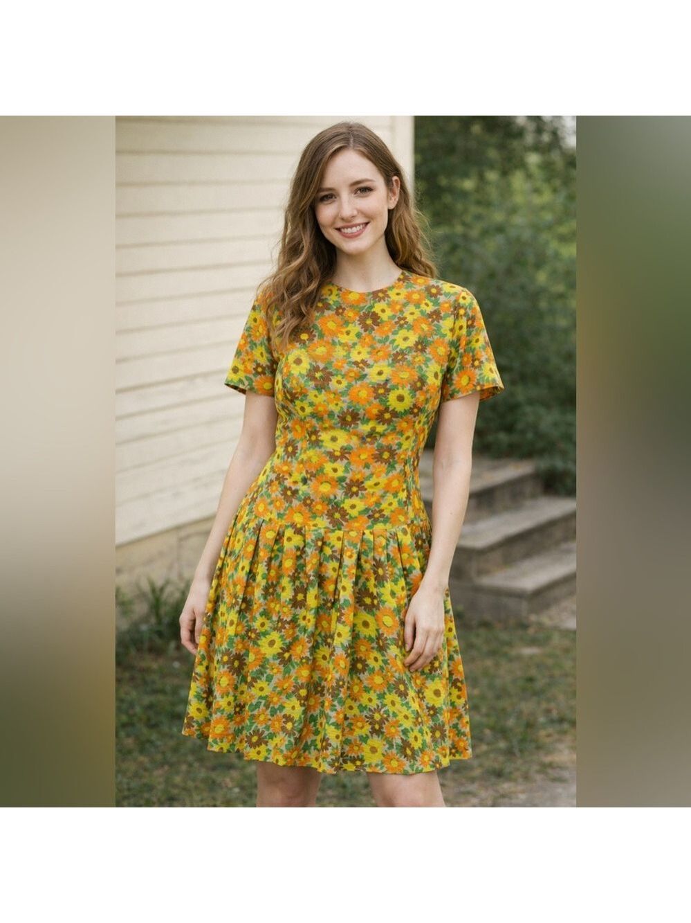 Vintage 60s 70s Floral Flower Power Short Sleeve Dress cottagecore granny